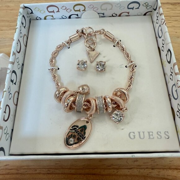 Guess Rose Gold-Tone Link Charm Bracelet & Crystal Stud Earrings Set With Gift B - Picture 3 of 9